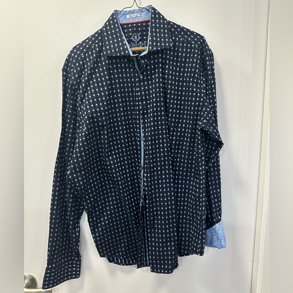 Bugatchi Shaped Fit Large Long Sleeve Shirt - Blue Squares Pattern